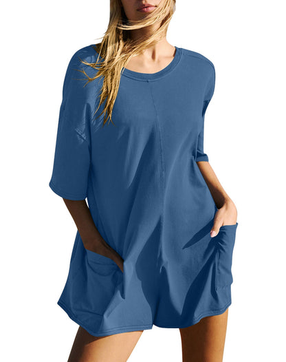 Kvinnors Loose Overall med V-Nack och 3/4-Ärmar i Bomull och Polyester – Bekväm och Trendig Casual Outfit 10