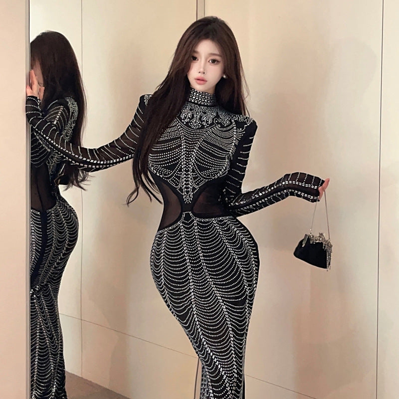 Fina Dam Klänningar Transparent Mesh Slim Fit Med Hög Krage och Långa Ärmar-2