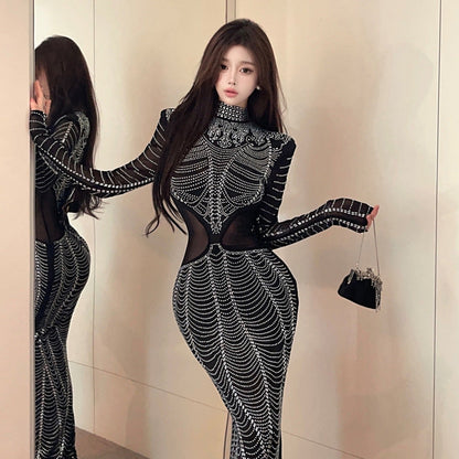 Fina Dam Klänningar Transparent Mesh Slim Fit Med Hög Krage och Långa Ärmar-2