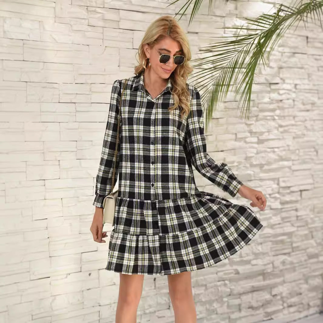 Dam Midi Klänning Skjortstil Patchwork Bomull Polyester med Puffärmar-5