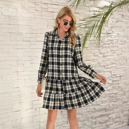 Dam Midi Klänning Skjortstil Patchwork Bomull Polyester med Puffärmar-5