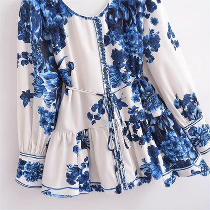 Dam Lång Kjol Mönstrad Halvhög Krage Polyester Elegant Stil-5