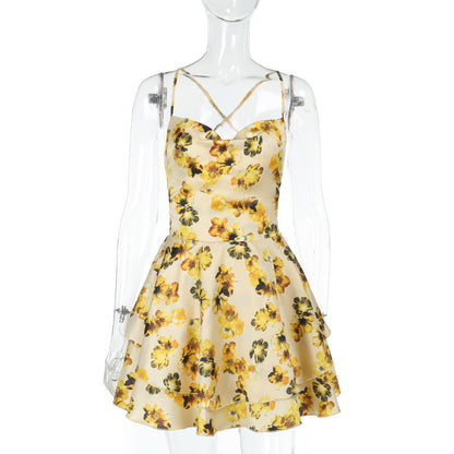 Kvinnors Miniklänning med Justerbara Spaghettiband – Mjukt Tyg och Blommigt Tryck för Vår och Sommar 1