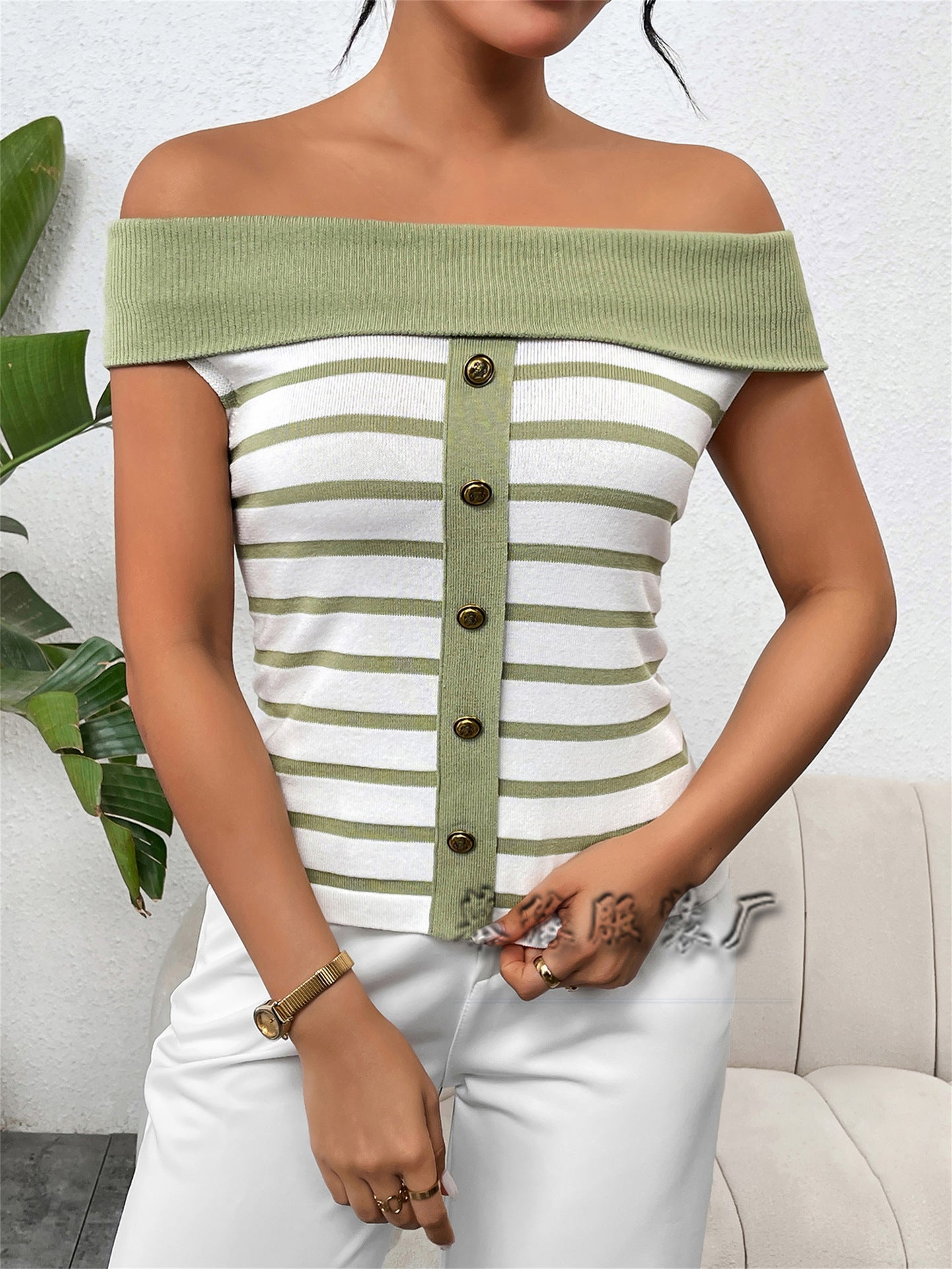 Variant image for Dam Off-Shoulder Tröja Randig Viskos Nylon-9