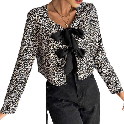 Lång Kofta Dam Leopardmönster Polyester Cardigan-6