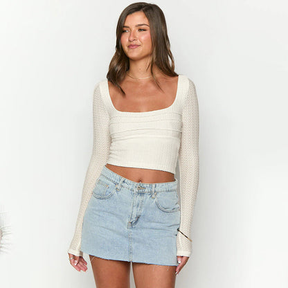 Kvinnor Långärmad Crop-top Cirkulär Halsringning Elastiskt Tyg 3