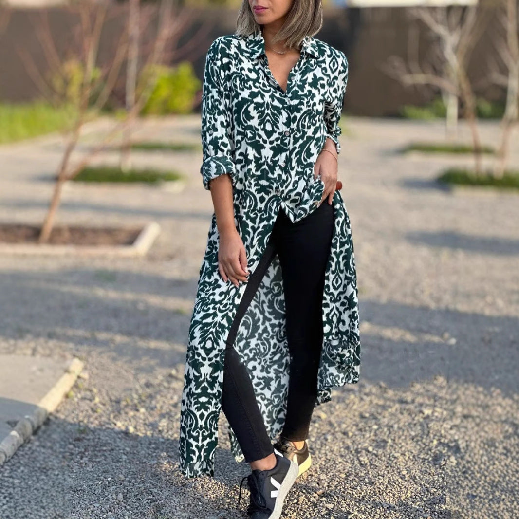 Dam Långklänning Bohemisk Stil 100% Polyester med Reverskrage och Knappar-2