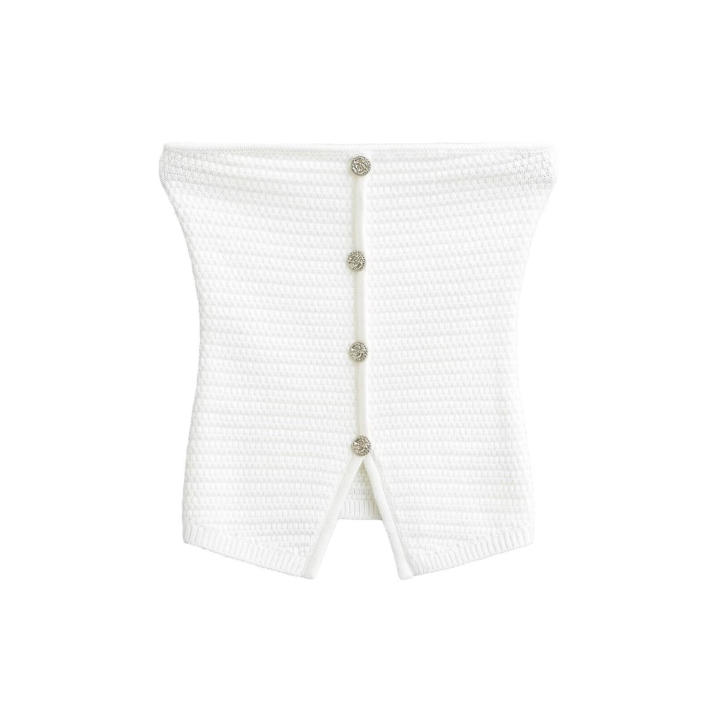 Kvinnors Stickad Topp Strukturerad Andningsbart Material med Dekorativa Knappar-5