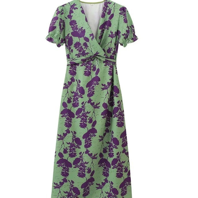 Kvinnors Omslagsklänning Blommönster V-ringad Puffärmar Andningsbart Tyg-6