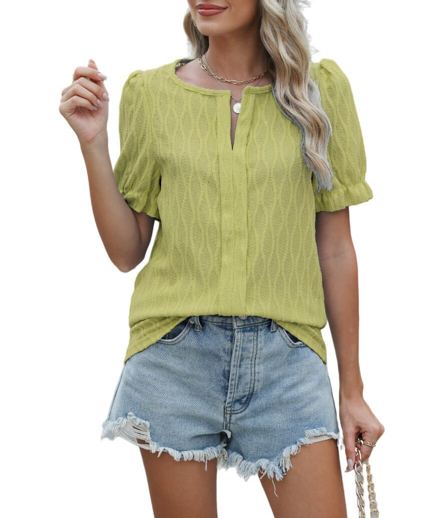 Elegant Kortärmad Topp för Dam med Puffärmar – Lätt Jacquard i Polyester, Perfekt för Fest och Vardag 8