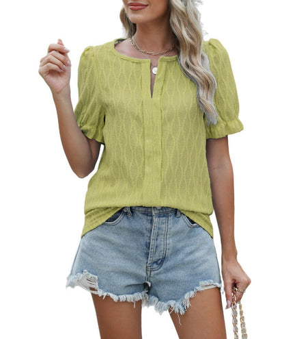 Elegant Kortärmad Topp för Dam med Puffärmar – Lätt Jacquard i Polyester, Perfekt för Fest och Vardag 8