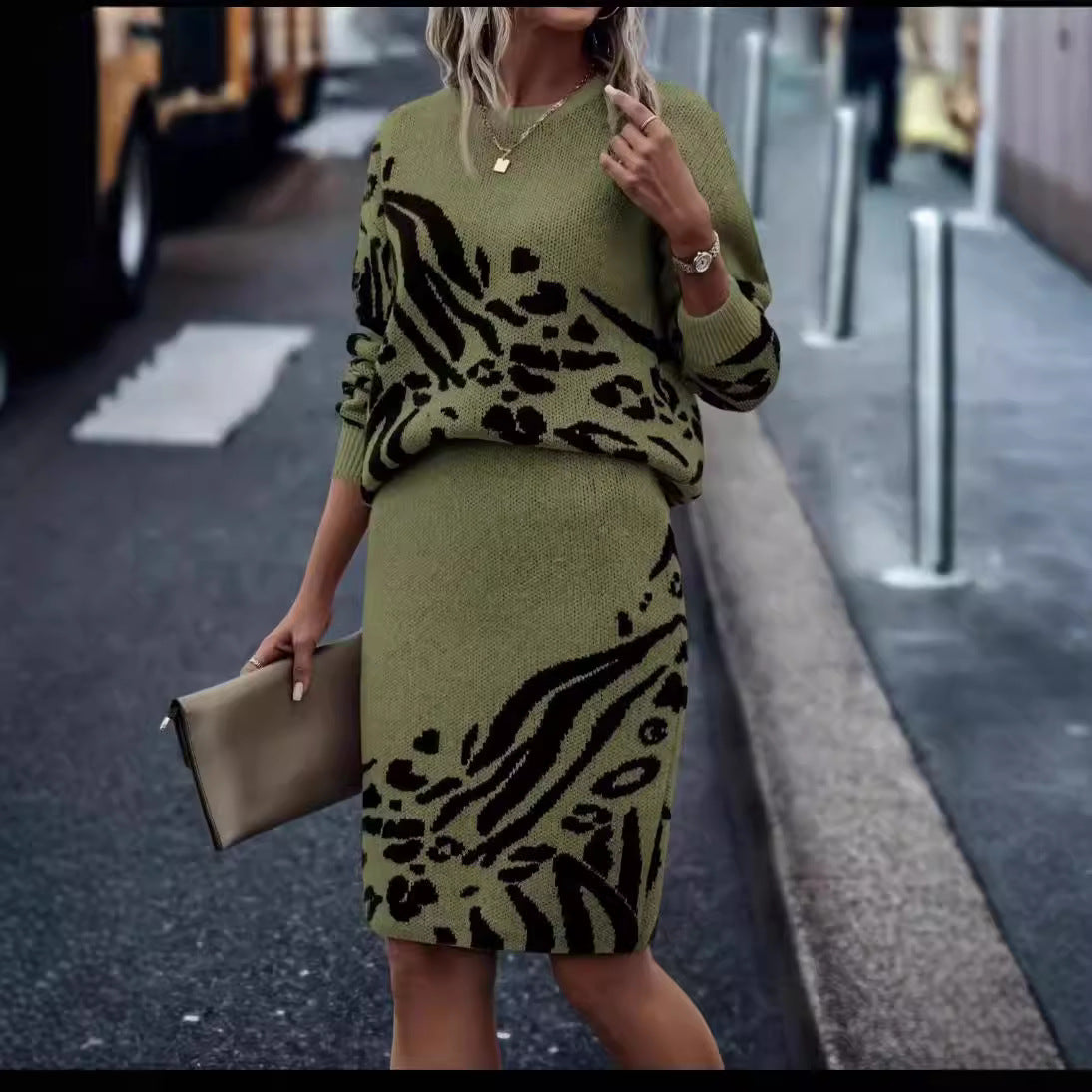 Dam Stickad Tröja Jacquard Rund Hals Långa Ärmar Polyester-2