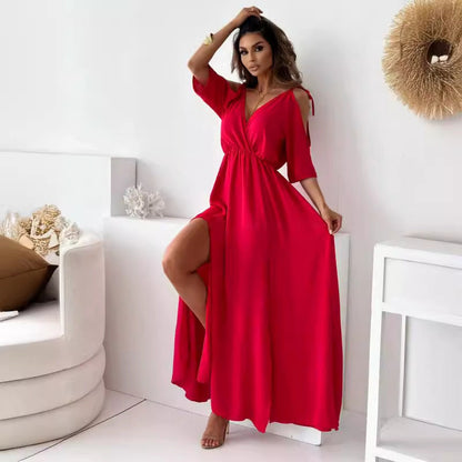 Damklänning A-Linjeformad V-Neck Polyesterblandning Elegant-3