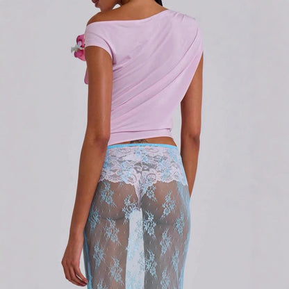 Dam Topp Festlig Asymmetrisk Snitt Blommiga Accenter Andningsbart Tyg-5