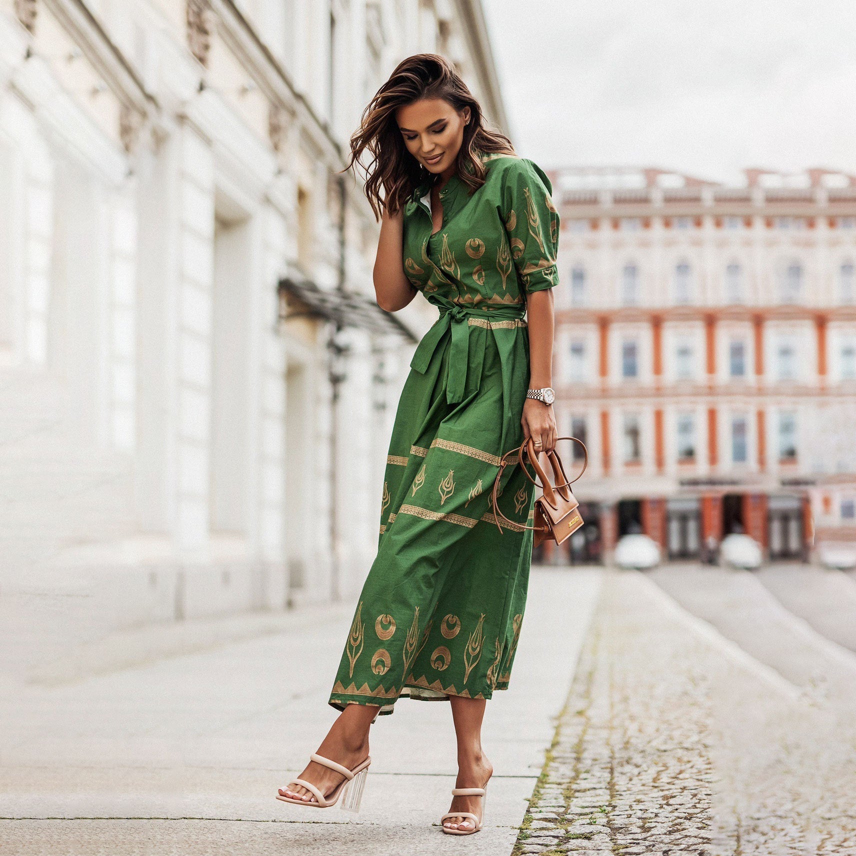 Damklänning A-linjeformad Etniskt Tryck Polyester Långa Ärmar-3