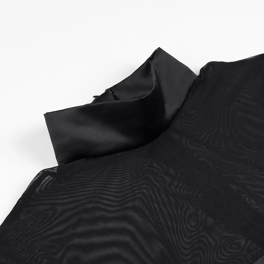 Kvinnors Glittrig Miniklänning med Stativ-upp Krage och Transparenta Ärmar-3