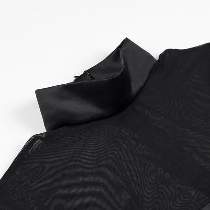 Kvinnors Glittrig Miniklänning med Stativ-upp Krage och Transparenta Ärmar-3