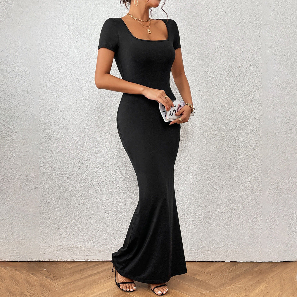 Maxiklänning für Damen mit Fyrkantig Halsringning und Korten Ärmar – Elastiskt Tyg für Stil und Komfort 5