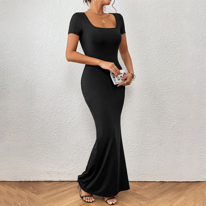 Maxiklänning für Damen mit Fyrkantig Halsringning und Korten Ärmar – Elastiskt Tyg für Stil und Komfort 5