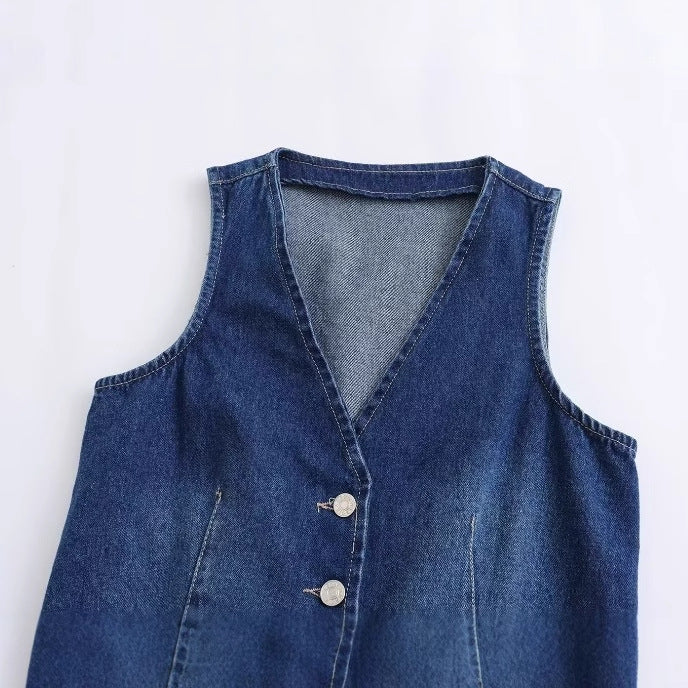 Dam Jeansväst V-ringning Figurbetonad Denim med Eleganta Knappar 4