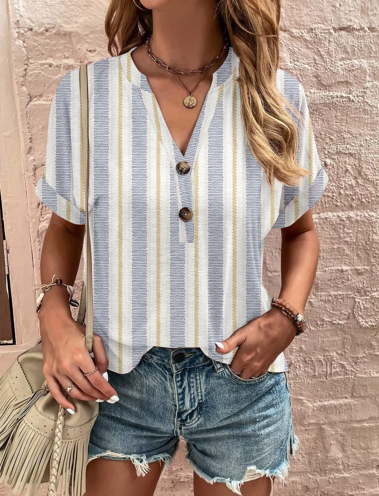 Variant image for Dam T-shirt V-ringad Kortärmad Spandex Trendig Stil-13