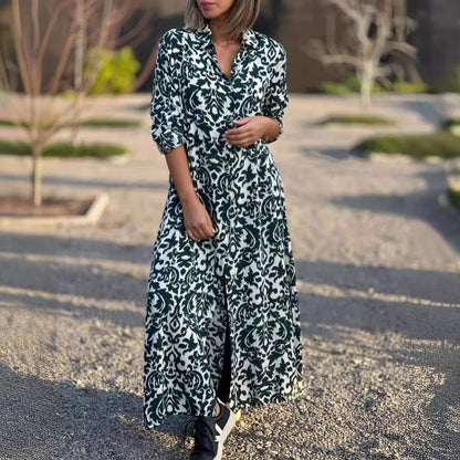 Dam Långklänning Bohemisk Stil 100% Polyester med Reverskrage och Knappar-5