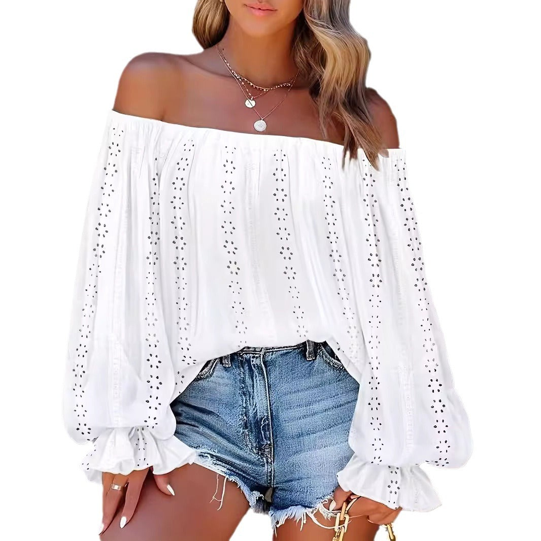 Dam Off-Shoulder Blus Chiffon Blommönster Långa Ärmar-6