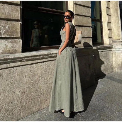 Dam Långklänning Ärmlös V-Ringning Enfärgad Polyester-4