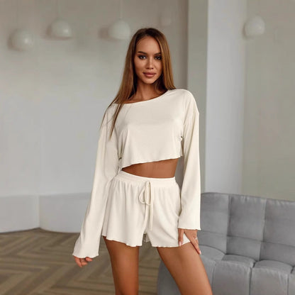 Dam Pyjamas Set Långa Ärmar och Tre-Fjärdedelsbyxor i Mjuk Polyester-2