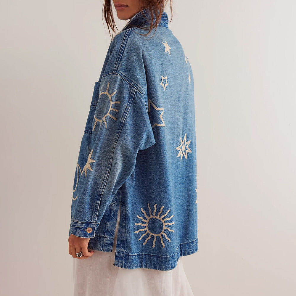 Dam Jeansjacka Urban Stil Tvättad Denim med Broderade Detaljer-2