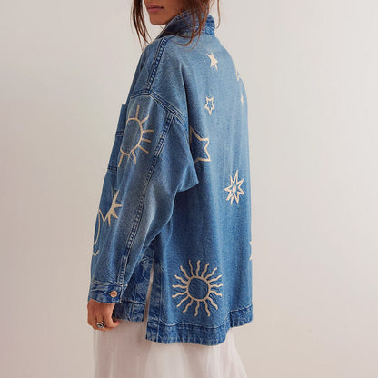 Dam Jeansjacka Urban Stil Tvättad Denim med Broderade Detaljer-2