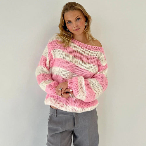 Dam Randig Stickad Tröja Oversized Mjuk Bomull-1