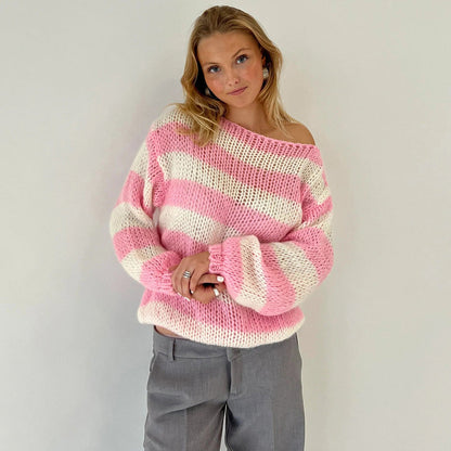 Variant image for Dam Randig Stickad Tröja Oversized Mjuk Bomull-1