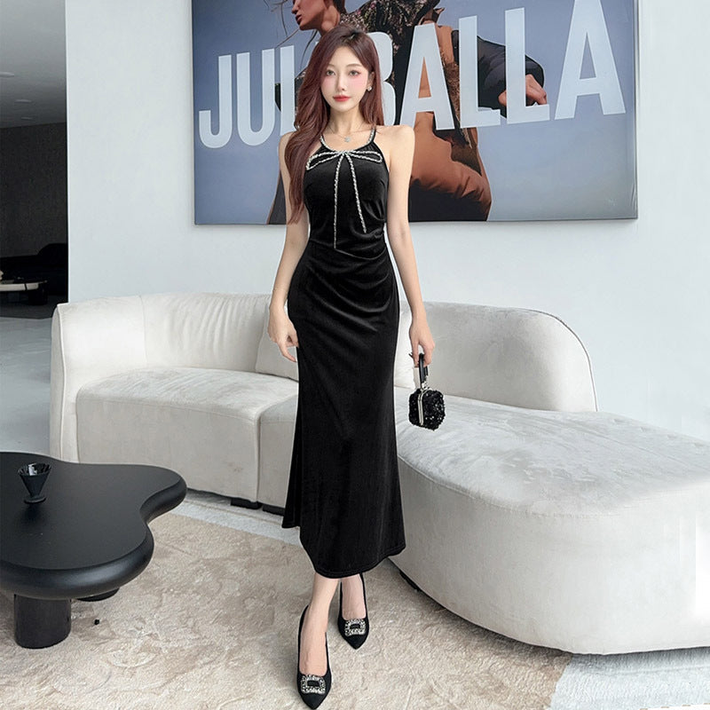 Kvinnors Lång Klänning Halterneck Polyester Med Båge Design 4