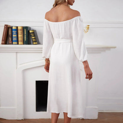Maxiklänning Dam Off-Shoulder med Knappdetaljer och Slits i Mjukt Tyg för Sommar-3