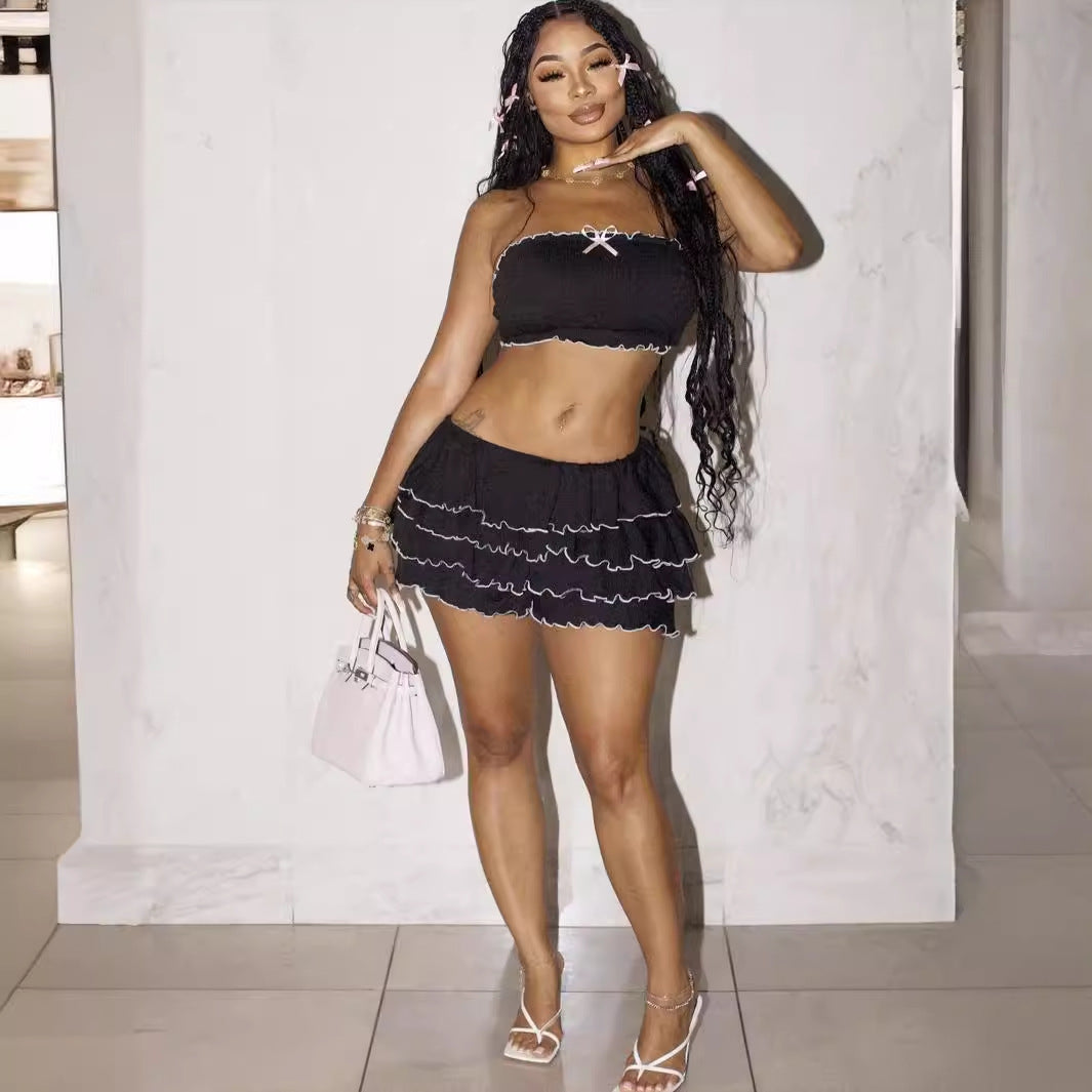 Kvinnors Minikjol Stropplös Polyester med Veckade Detaljer-2