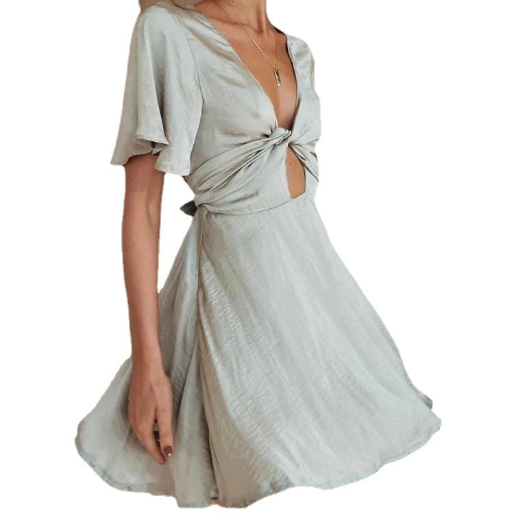 Kvinna Miniklänning V-ringning A-linje Polyester Kort Ärmar-6