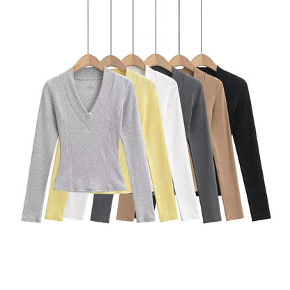 Kvinnors Långärmad Topp Djup V-hals Elastisk Material 6