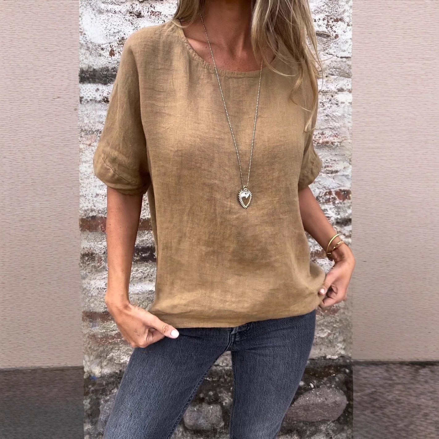 Dam T-shirt Löst Snitt Halv Ärmar Bomull-3