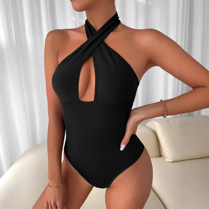 Dam Halterneck Bodysuit Utskärningar Stretchigt Tyg-5