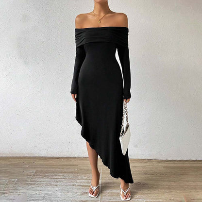 Maxiklänning Dam Off-Shoulder Asymmetrisk Mjuk Elastisk Tyg 7