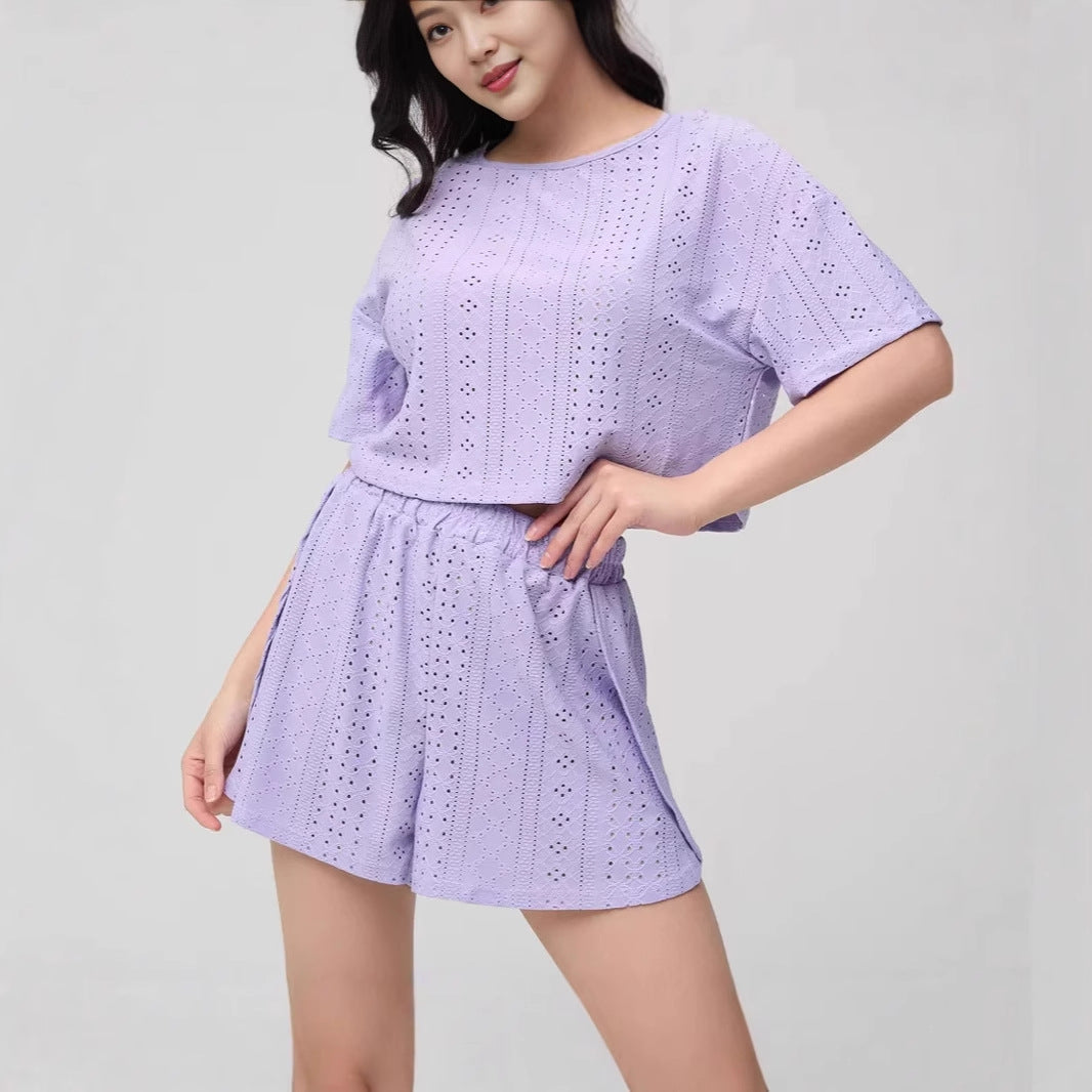 Dam Pyjamas Set Geometriskt Mönster Kort Ärmar Polyester-4