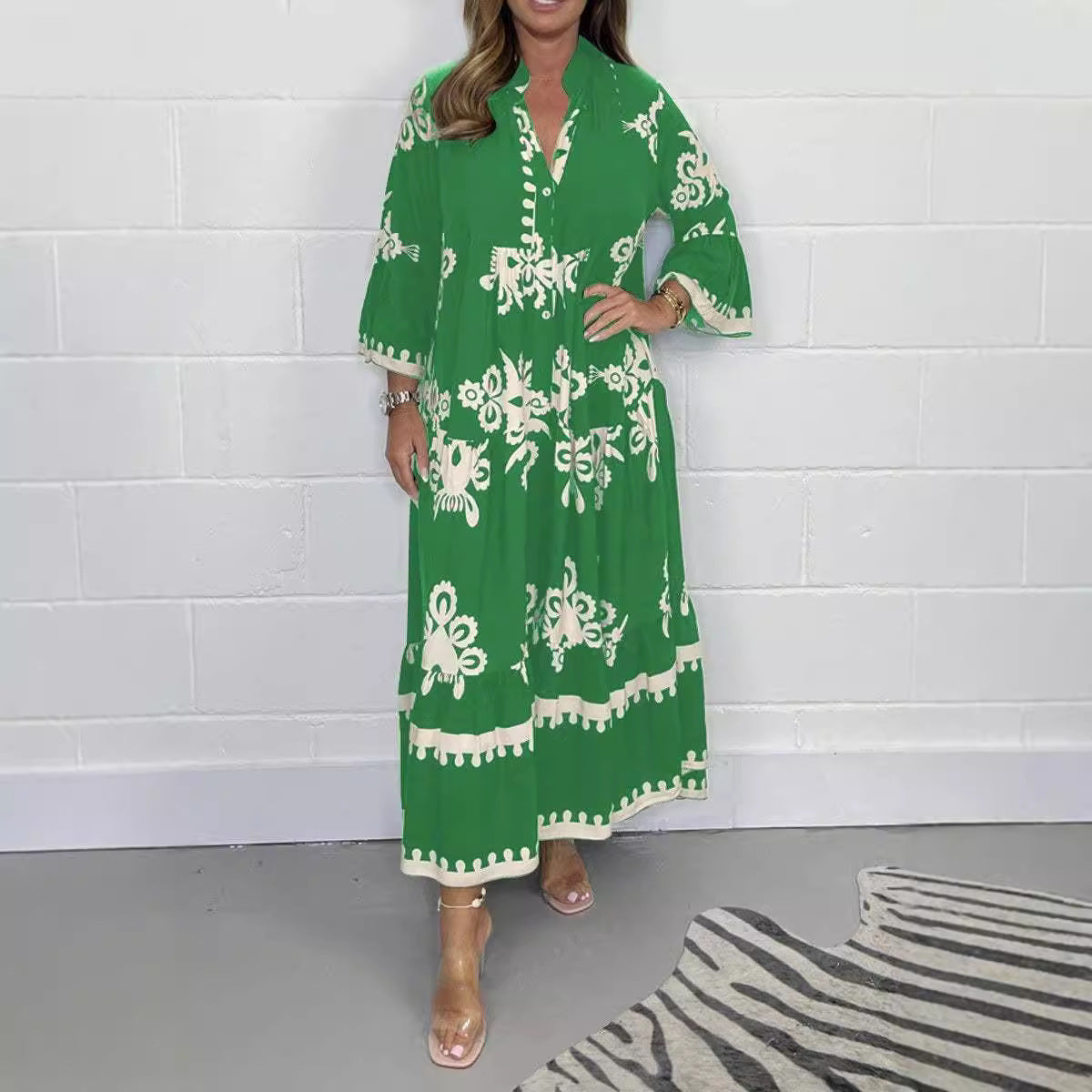 Damklänning Med Tryckt Stativ-Up Krage Polyester Elegant Stil-2