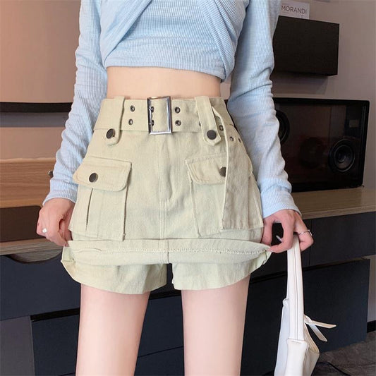 Dam Cargo Skort Hög Midja Polyester med Bälte-1