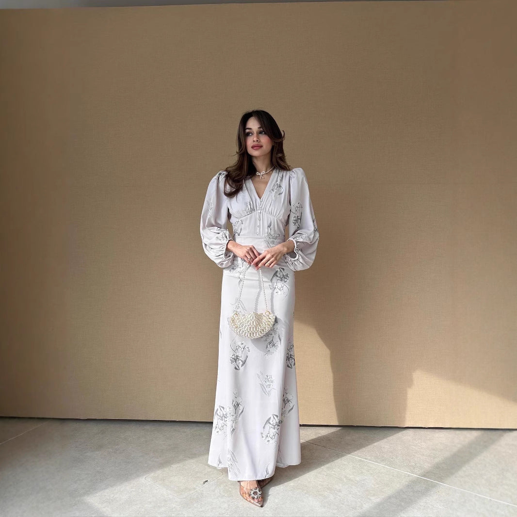 Maxiklänning Dam A-linje V-ringning Tryckt Tyg för Sommar-2