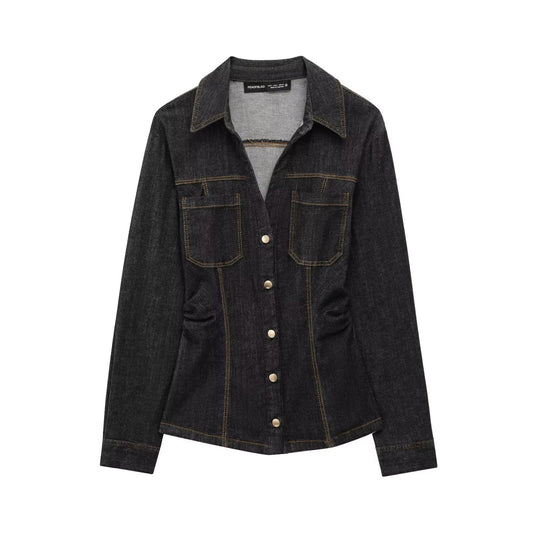 Dam Denim Set Högmidjade Jeans Skjorta 3D Effekt-1