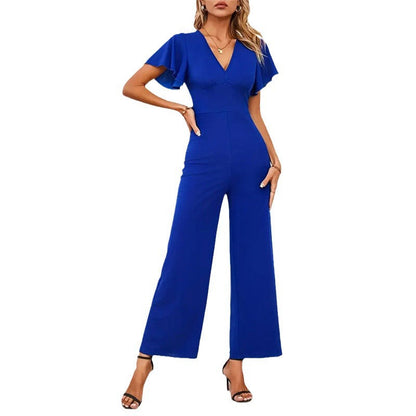 Kvinnors Jumpsuit V-ringning Breda Ben Lätt Stretchigt Tyg Rüsch Detaljer 6