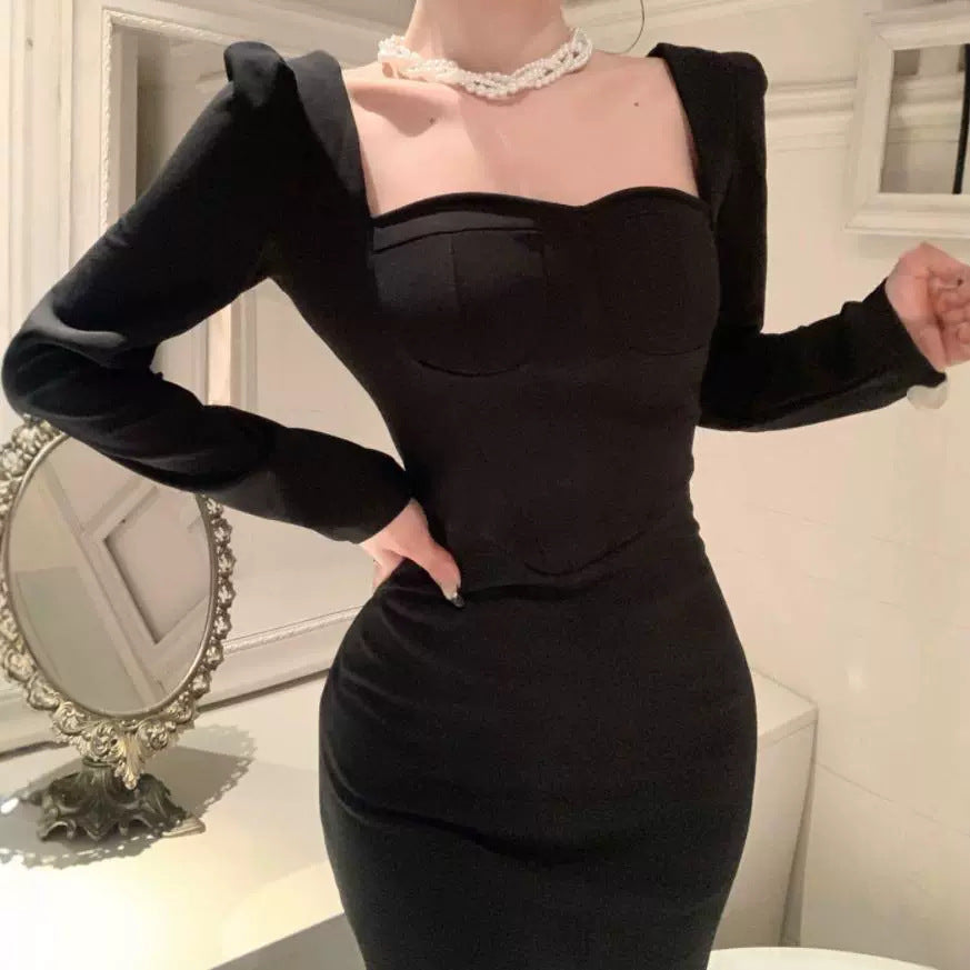 Dam Bodycon Klänning Fyrkantig Halsringning Långa Ärmar Fina Material-2