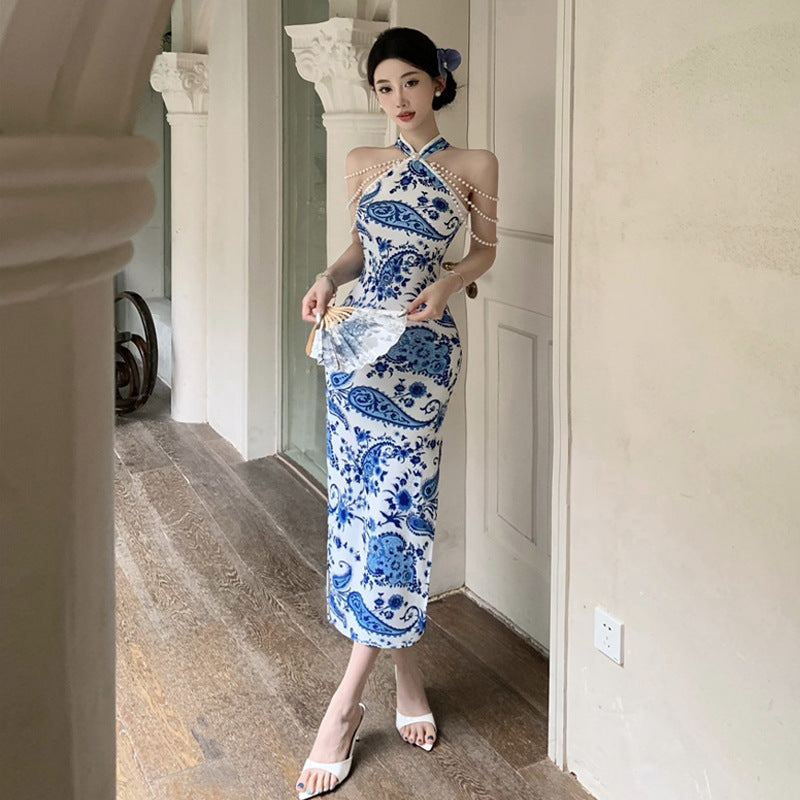 Kvinnors Lång Klänning Halterneck Polyester Spandex-3