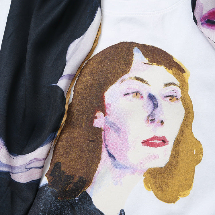 Dam T-shirt Konstnärlig Design Mjukt Material med Halsduk-3